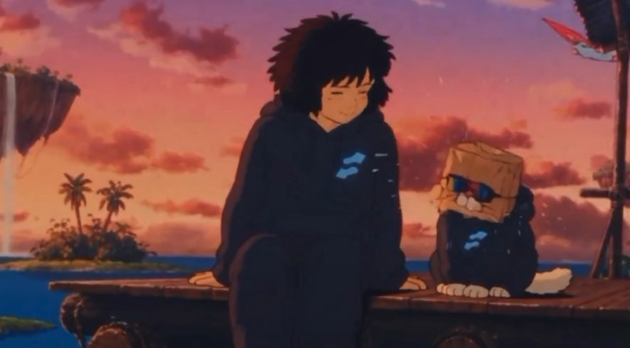 An anime-style illustration of a smiling boy with dark messy hair sitting next to a cat wearing sunglasses, with a sunset and floating island in the background.