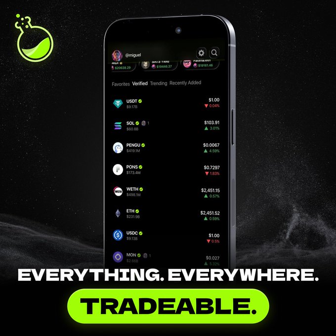 A promotional graphic showing a smartphone displaying the cryptocurrency trading app "miguel" with various coins like USDT, SOL, PENGU, PONS, WETH, ETH, USDC, and MON listed with their prices and percentage changes. The text below reads 'EVERYTHING. EVERYWHERE. TRADEABLE.'