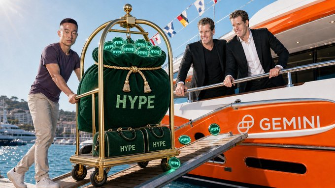 A man pushes a luggage cart loaded with green velvet bags labeled "HYPE" up a gangway toward two men in suits on a boat marked "GEMINI," visually representing the suggested acquisition of the HYPE brand by Gemini. The staged scene plays on the tweet's contrarian thesis that HYPE should halt buybacks and instead be bought by Gemini.
