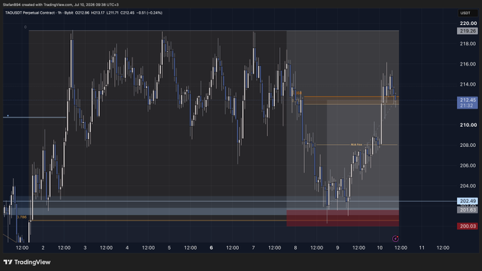 A TradingView 1-hour candlestick chart of the TAOUSDT perpetual contract showing price at 212.45 (-0.91%), with visible "Bull Pole" annotation and horizontal support/resistance zones around 200-203 and 212-215, illustrating the trader's post about closing shorts at breakeven and now sitting on profitable longs.
