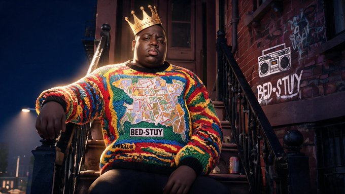 A man wearing a gold crown and a colorful Bed-Stuy patterned sweater sits on stoop stairs at night, with a "BED-STUY" boombox mural in the background.
