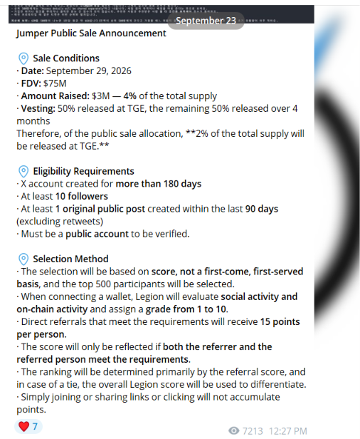 A Telegram post screenshot dated September 23 announcing Jumper's public sale on Legion for September 29, 2026, with a $75M FDV, $3M raised, 4% supply allocation, and 50% TGE/50% vesting over 4 months, along with eligibility requirements including 180-day-old accounts and a scoring-based selection of top 500 participants.