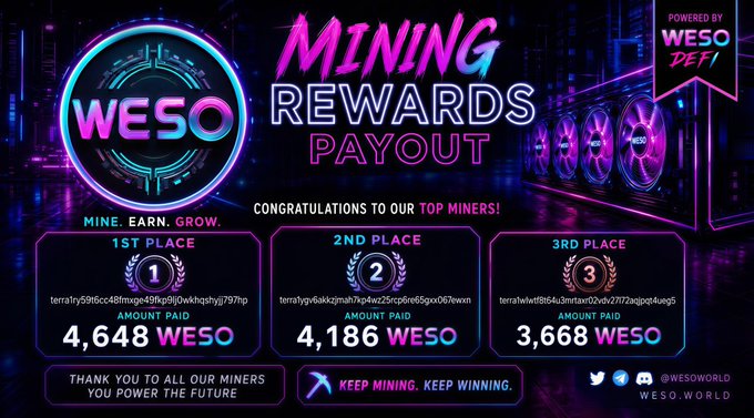 The image features a poster for mining rewards with a purple background and neon pink text. The poster includes information about mining rewards, including the names of three miners who have won awards at the Mining Rewards Payout event. There are also details on how to download the miners from various platforms like Apple iOS or Google Play Store.