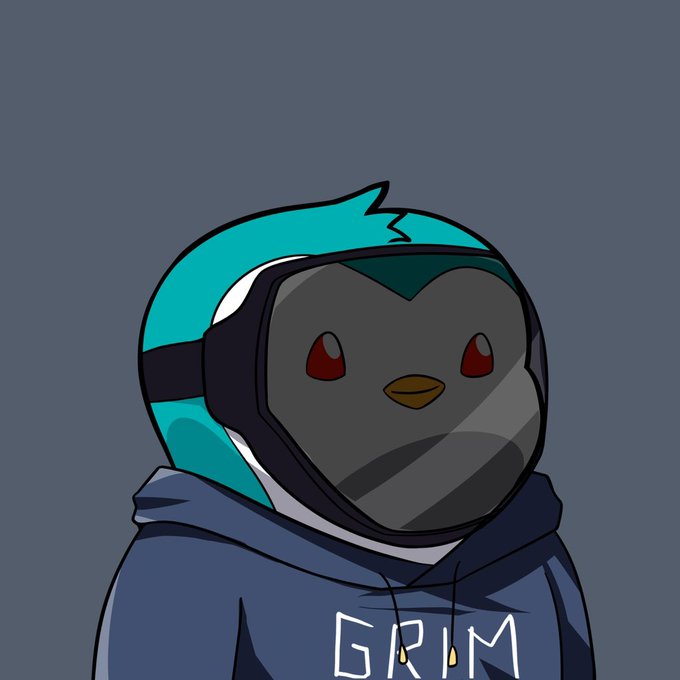 A cartoon illustration of a character wearing a teal helmet with a dark visor and a dark blue hoodie that has 'GRIM' written on it.