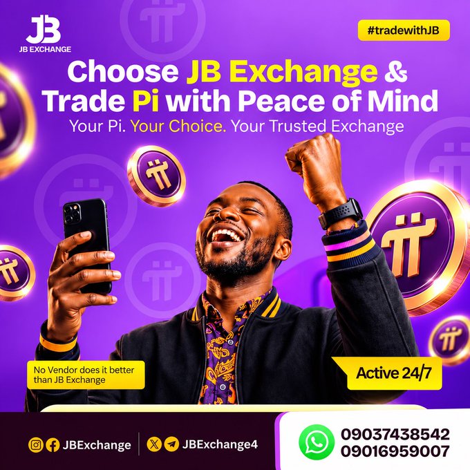 A purple promotional advertisement for "JB Exchange" featuring a laughing Black man taking a selfie surrounded by floating Pi Network cryptocurrency coins, with text promoting trading Pi with peace of mind and contact numbers including 09037438542.