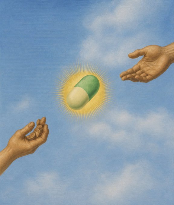 Two hands reach toward a glowing green-and-white pill against a cloudy blue sky, evoking a sense of transactional anticipation. The image visually echoes the post's optimistic gamble—placing a small bet (10 SOL) into a volatile crypto pump in hopes of transformative returns, framed as the next big score.