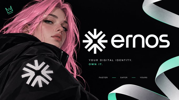 A promotional banner for 'ernos' featuring a woman with pink hair wearing a black jacket with the brand logo, with text 'YOUR DIGITAL IDENTITY. OWN IT.' and 'FASTER - SAFER - YOURS'.