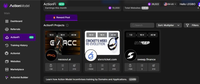 ActionModel dashboard showing the ActionFi tab with earnings of 10,000 and total websites view of 26,022, displaying projects like GRACC, CRICKET'S WEB3 RE-EVOLUTION (sixrcricket.com), and SWEEP (sweep.finance).