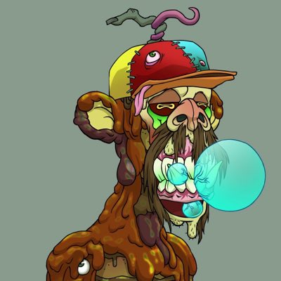 A cartoon illustration depicts a grotesque, zombified character with a multicolored cap, oozing green slime, and blowing a large blue bubble gum bubble.