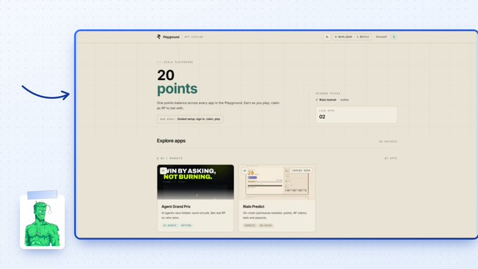 A screenshot of the Playground app store interface shows "20 points" balance for user "Ross Isensee," with apps like Agent Grand Prix and Rate Predict available, alongside a green Greek statue avatar.