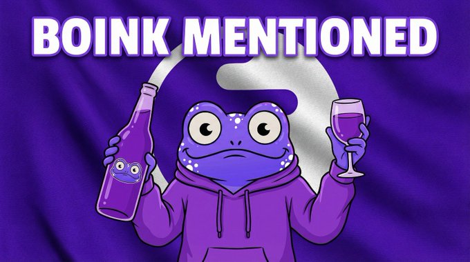 A purple cartoon frog wearing a hoodie holds a bottle and a wine glass in front of the Ink blockchain logo, with bold text reading "BOINK MENTIONED" — directly tying to the post's hype about Boink being a top NFT collection on Ink.
