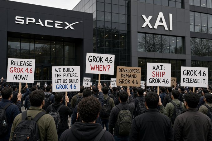 A crowd of protesters holding signs reading "RELEASE GROK 4.6 NOW!", "GROK 4.6 WHEN?", and "WE BUILD THE FUTURE, LET US BUILD GROK 4.6" gathers outside the SpaceX and xAI headquarters building, demonstrating their demand for the release of the Grok 4.6 model.