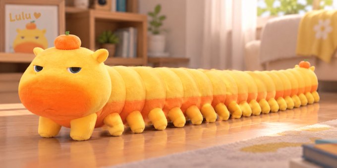 A long, caterpillar-like plush toy in yellow and orange colors with a grumpy expression, sitting on a wooden floor in a brightly lit room with a 'Lulu' picture frame in the background.