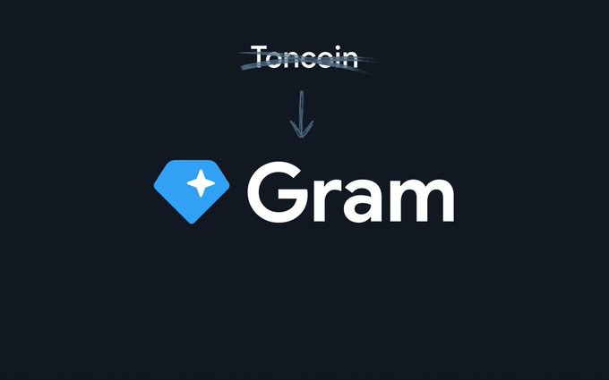 The image features a logo for a cryptocurrency called TONOcoin, which is represented by a blue diamond shape with a white star inside. The word "Gram" is written below the logo in white text. Below this, there's an arrow pointing towards the word "TONO coin".