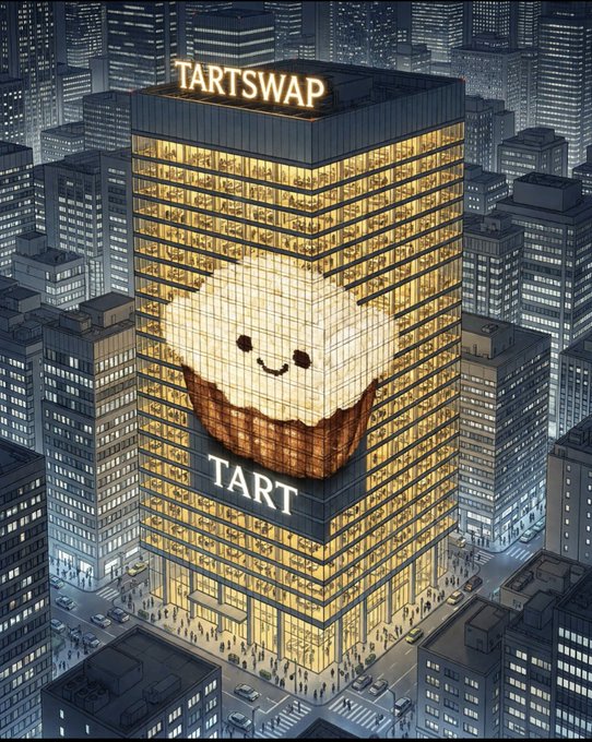 An illustrated nighttime cityscape featuring a skyscraper labeled 'TARTSWAP' and 'TART' displaying a cute smiley-face tart illustration on its facade.