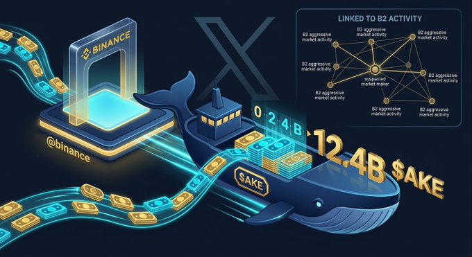 An illustrated graphic shows a stylized blue whale carrying stacks of gold coins labeled '$AKE' (totaling 12.4B), floating on a stream of coins from a Binance portal labeled '@binance', alongside a network diagram showing 'suspected market maker' linked to multiple 'B2 aggressive market activity' nodes.