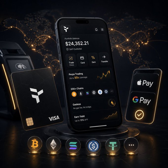Cryptocurrency app interface displaying a portfolio balance of $24,352.21 with options for perps trading, a Visa card, Apple Pay, and Google Pay.
