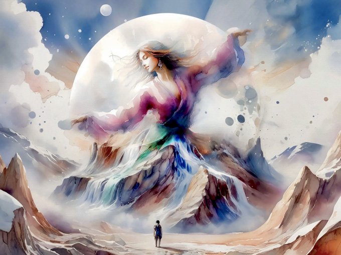 A watercolor-style artwork depicts a giant ethereal woman in flowing purple and pink garments dancing above mountains, with a tiny silhouette of a man standing on the landscape below gazing up at her.