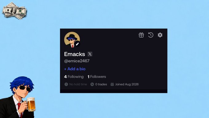 A user profile card for 'Emacks' (@emice2467) with 4 Following and 1 Followers, joined Aug 2026, accompanied by an anime-style blue-haired character holding a beer mug against a light blue background.