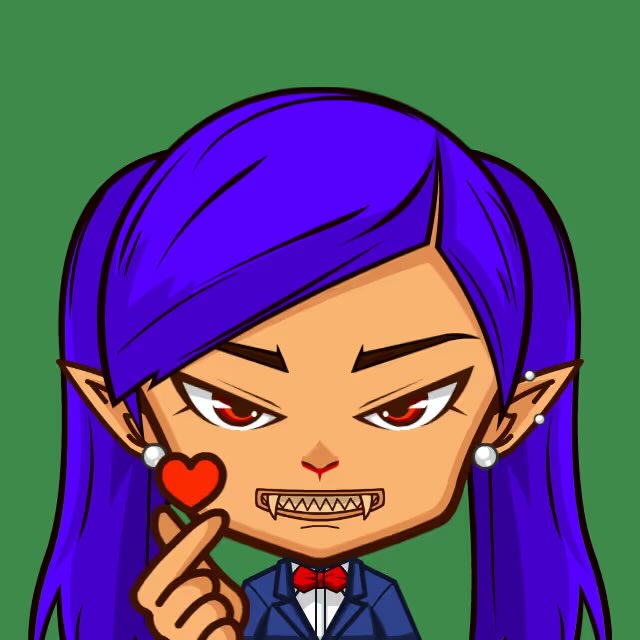 An anime-style character with long purple hair, red eyes, fangs, and a heart marking on their cheek wearing a suit and red bow tie.