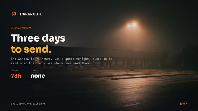 A dark-themed promotional webpage for 'DARKROUTE' displays 'Three days to send.' with a 73-hour window countdown, set against a foggy nighttime street scene with a glowing lamp post.