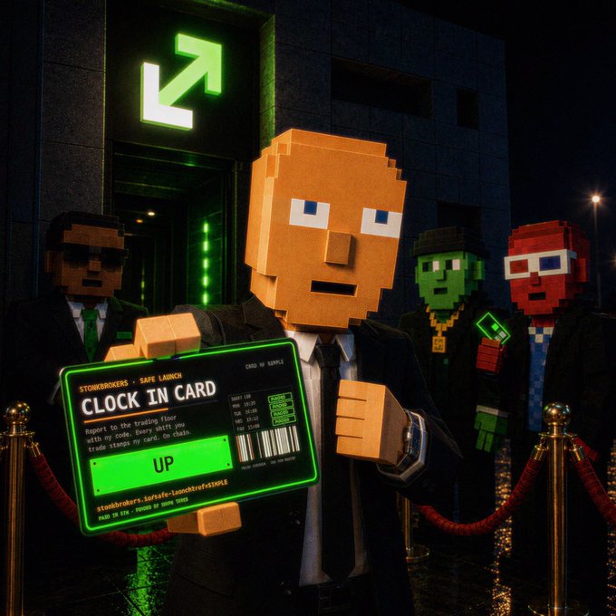 A blocky, pixel-art character holds a glowing green "CLOCK IN CARD" from "STONK BROKERS – SAFE LAUNCH," with the token shown as "UP" and a chart trending upward, while suited voxel figures stand behind him near an exit sign—visually reinforcing the post's theme that "Safe Launch" tokens graduate into "UP" pools as users clock in.