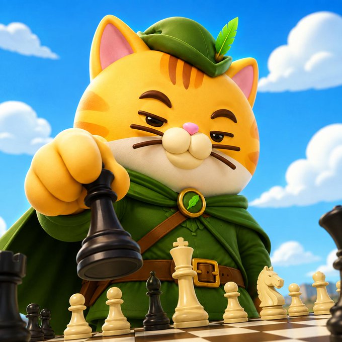 A 3D-rendered cartoon orange cat dressed as Robin Hood in a green tunic and feathered cap holds a black chess piece above a chessboard against a cloudy blue sky.