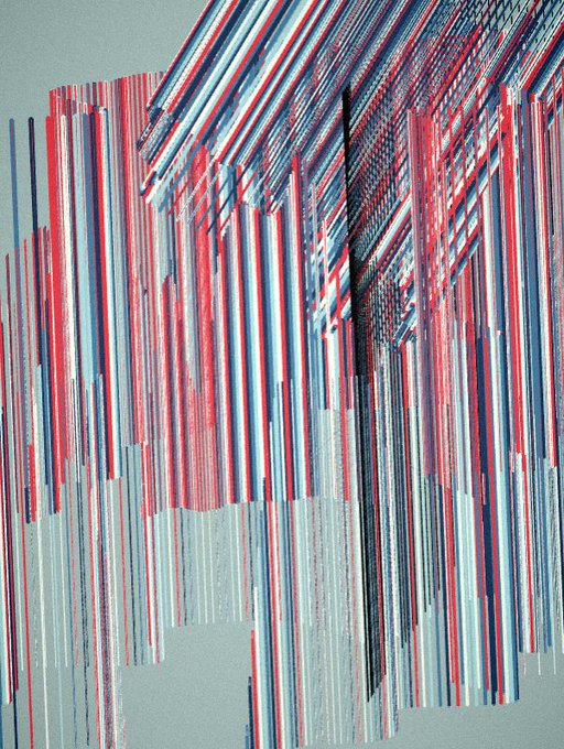 An abstract composition of vertical streaks in pink, red, blue, and white creates a glitch-like, fragmented visual effect against a pale background.
