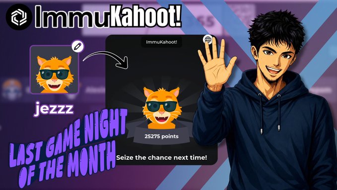 The image features a man wearing sunglasses and holding up his hand with both hands raised as if he has just won something or achieved a goal. The background of the image is purple, which complements the man's blue hoodie. There are two other people in the image who appear to be part of the post but are not visible due to their position on the right side of the frame.

The main focus of the image is the man with his hand raised and a thumbs up gesture, indicating that he has scored 25k+ points or achieved something significant during the game night. The text in the image reads "ImmuKahoot! Last game night of the month on @Immutable & it was ImmuKahoot!: Managed to score 25k+ points and placed 33rd out of 60+ participants. Really fun night, especially with the trick questions from @Rikuuen & hypeman @shinzuverse XD Thanks for hosting, guys! Until next time".