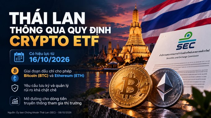 A Vietnamese-language graphic announcing Thailand's approval of crypto ETF regulations, effective 16/10/2026, initially allowing Bitcoin (BTC) and Ethereum (ETH), featuring a Thai temple, the Thai flag, Bitcoin and Ethereum coins, and the SEC Thailand logo.