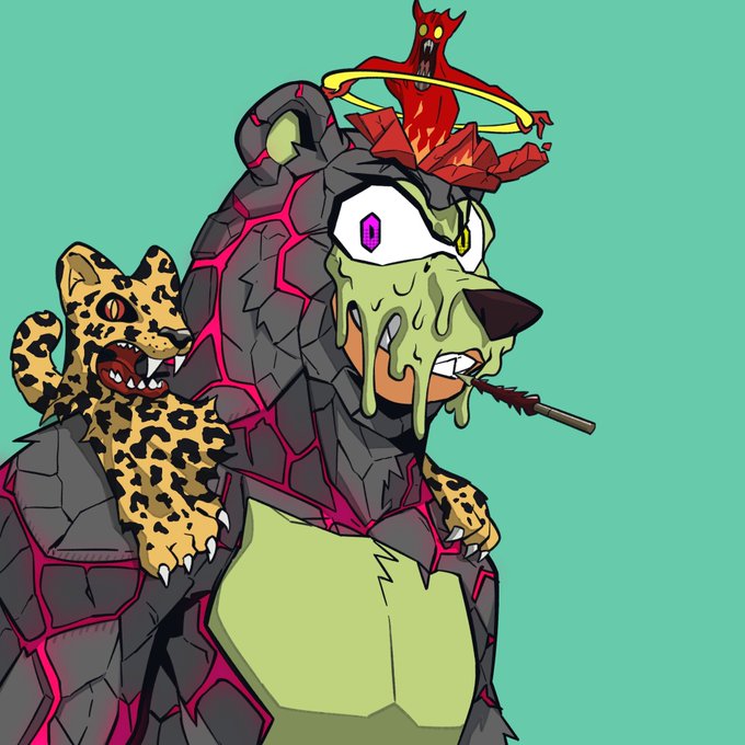 The image features a cartoon bear wearing a costume with a red hat and a green mask that has goo on its face, giving it an evil appearance. The bear is standing against a blue background, which contrasts with the pink and yellow elements of its outfit. There are also two leopards in the scene, one positioned behind the bear and another located to the left side of the image.