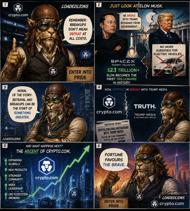 A 6-panel comic strip featuring a lion mascot promoting crypto.com, showing partnerships, Elon Musk, SpaceX valuation of $2.1 TRILLION+, and Trump Media breaking news, with text 'ENTER INTO PRIDE' and 'ASCENT OF CRYPTO.COM'.