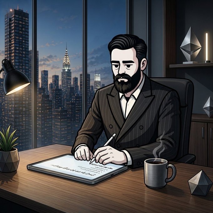 A digital illustration of a bearded man in a pinstripe suit sitting at a desk, writing on a tablet with a city skyline visible through the window behind him.