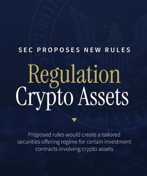The image is an announcement graphic with a dark blue background featuring the SEC seal, displaying the headline "SEC PROPOSES NEW RULES" above "Regulation Crypto Assets." A subtitle notes that "Proposed rules would create a tailored securities offering regime for certain investment contracts involving crypto assets." The graphic accompanies news of the SEC's first formal crypto rulemaking, introducing pathways for token sales without SEC registration and a $5M safe harbor option.