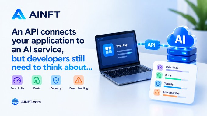 An infographic from AINFT explaining that an API connects an application to an AI service, highlighting considerations like Rate Limits, Costs, Security, and Error Handling.