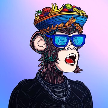 A stylized digital illustration of a Bored Ape character wearing blue sunglasses, with a decorative crown or wreath featuring fruits and leaves balanced on its head, set against a light purple background.