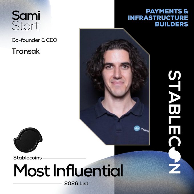 Promotional graphic featuring Sami Start, Co-founder & CEO of Transak, recognized as a "Payments & Infrastructure Builder" on the Stablecoins Most Influential 2026 List, with his portrait displayed alongside the official Stablecon branding and event title.