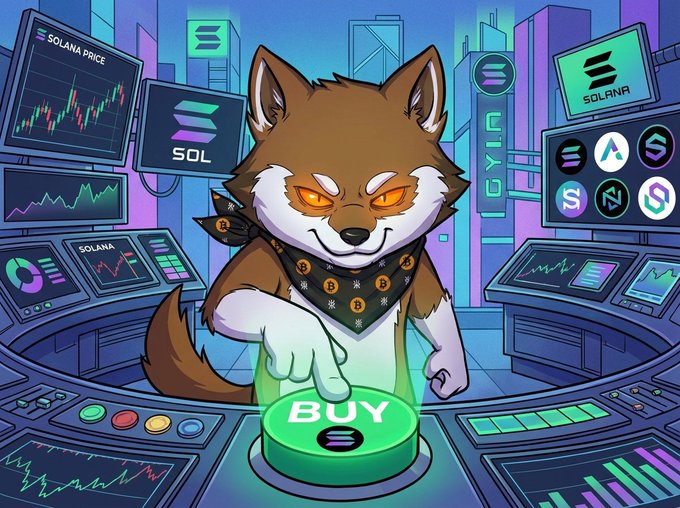 The image features a cartoon dog wearing a bandana, standing next to a green button labeled "buy". The dog appears to be pressing the button with enthusiasm, possibly indicating that they are ready to purchase something or start a new game. The text in the image reads "Stack Runes Stack $LOBO It's Rune june baby! and its just getting started!", which suggests that this scene is related to a gaming or purchasing scenario.