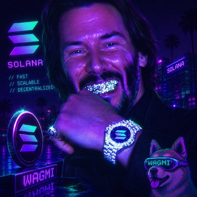 The image features a man with a beard wearing glasses, smiling at the camera while holding up a diamond-studded watch. The background includes neon lights and buildings, suggesting an urban setting. There are also two dogs present in the scene - one on the left side of the image and another closer to the center. The caption for this image reads: "gm folks today I am going to work on revamping solchat.fun and create a live mining game on solana."