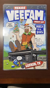 A flyer for 'TEXAS VEEFAM MEET-UP' taking place on March 14-16, 2025 in Lufkin, TX, featuring a cartoon of a man in a cowboy hat throwing cash and sitting on a vehicle.