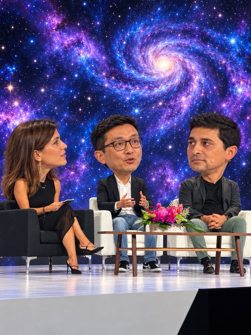 A panel discussion on a stage with three seated people, including a woman in black and two men, set against a vivid purple and blue galaxy backdrop.