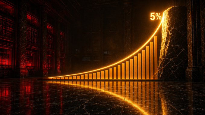 A digital graphic displays a glowing golden bar chart trending upward in a dark marble hall, with '5%' highlighted at the top.