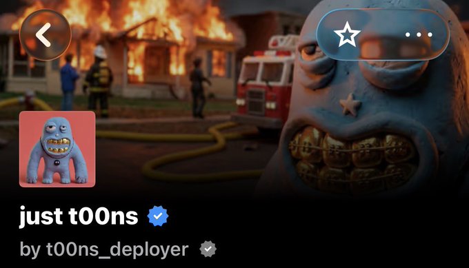 An NFT marketplace listing for 'just t00ns' by t00ns_deployer, featuring a blue cartoon character with grills against a backdrop of a burning house.