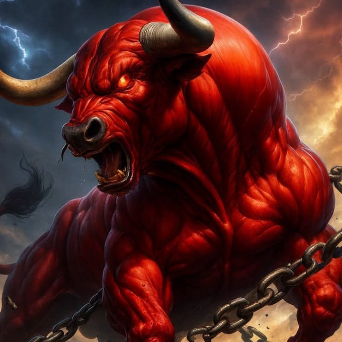 A digital illustration of a fierce, muscular red bull with glowing eyes and large horns roaring against a stormy, lightning-filled sky with broken chains.