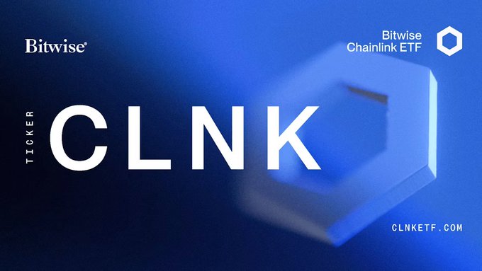 A blue promotional graphic for the Bitwise Chainlink ETF with the ticker 'CLNK' and website 'CLNKETF.com'.