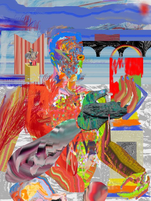A colorful, chaotic digital painting or abstract artwork featuring vibrant reds, blues, greens, and oranges with fragmented shapes, faces, and architectural elements layered together.