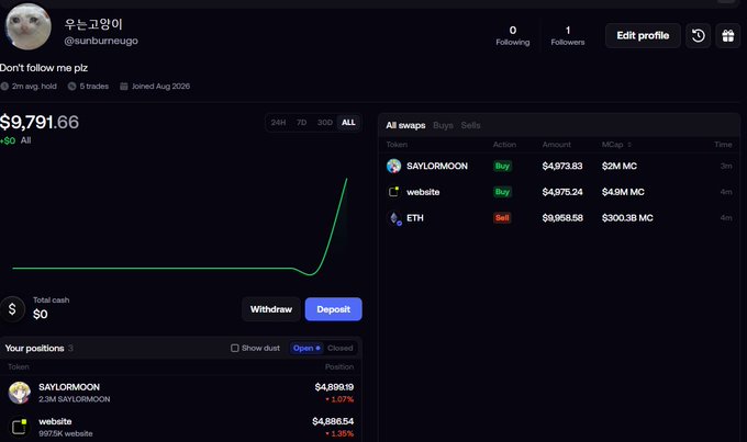A trading portfolio dashboard for user @sunburneugo shows a balance of $9,791.66 with open positions in SAYLORMOON ($4,899.19, up 1.07%) and website ($4,886.54, up 1.35%), reflecting the simplicity of on-chain trading that the post highlights through Robinhood Chain.