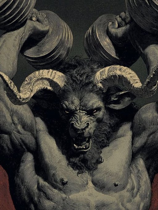 A muscular, horned demonic figure lifts heavy weights overhead, roaring with effort—visually symbolizing strength, leverage, and power, mirroring the post's pitch about using Sigma Money to leverage BNB positions up to 7x for amplified gains.