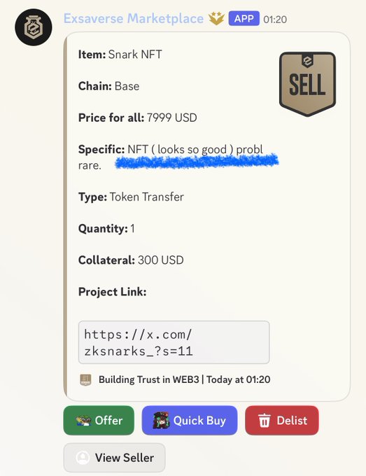 A screenshot from Exsaverse Marketplace displays a 'Snark NFT' listing for sale at 7999 USD on the Base chain, described as 'NFT (looks so good) probl rare', featuring Offer, Quick Buy, Delist, and View Seller buttons.