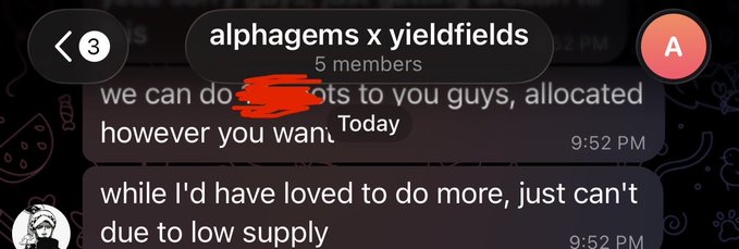 A screenshot of a Telegram group chat titled "alphagems x yieldfields" with 5 members shows a message from user "A" sent at 9:52 PM stating they allocated spots to the group members but were limited due to low supply, supporting the post's claim of a selective collaboration between @Skarly, @0xAlphaGEMs, and @YieldFields_RH.